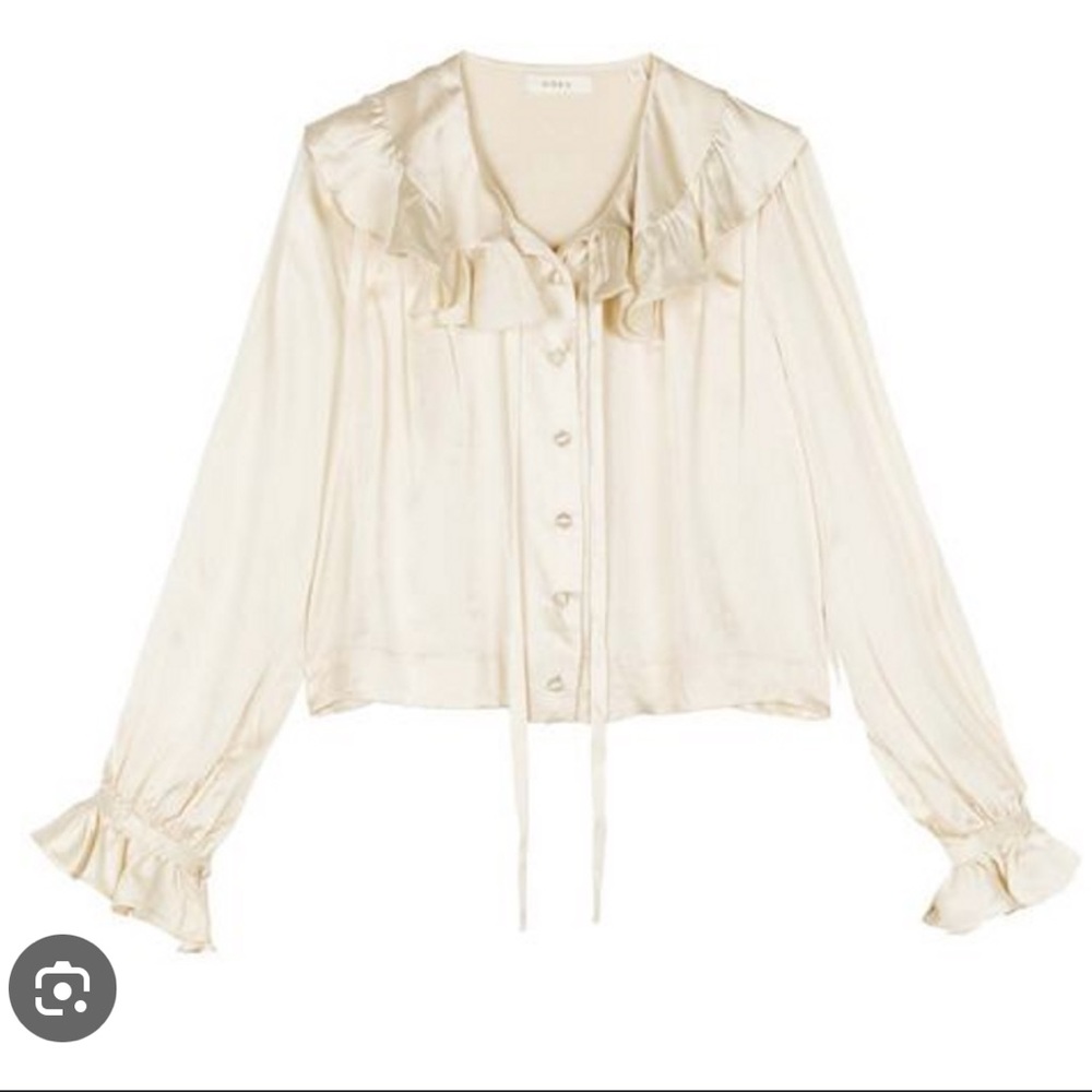 Doen Cream Ruffled Silk Button-Down Blouse